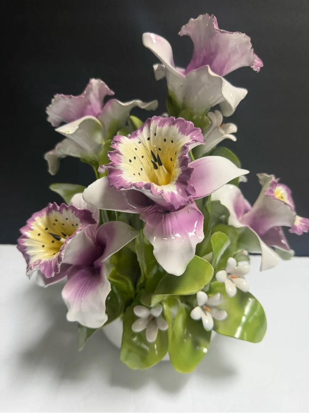 Vintage Capodimonte Italy Porcelain Pink Orchid Floral Arrangement 13”